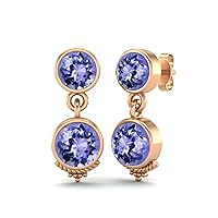 6MM Round Shape Tanzanite Gemstone 925 Sterling Silver Dual Stone Drop Dangle Women Earrings Bohemian Jewelry