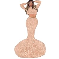 Sexy Sequins Two Pieces High Neck Mermaid Evening Gown 2024 Full Sleeves Long Party Prom Dresses