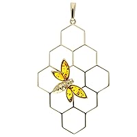 925 Sterling Silver Gold Plated with 22 carat Gold & Genuine Baltic Amber Large Honey Bee Pendant - AG201