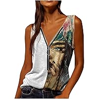 Women's V Neck Half Zip Up Tank Tops Abstract Art Face Print T-Shirt Novelty Graphic Tees Yoga Workout Tunic Blouse