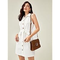 Dresses for Women Women's Dress Button Front Belted Shirt Dress Dress (Color : White, Size : X-Small)