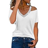 Summer Tops for Women V Neck Lace Crochet Short Sleeve T Shirts Cold Shoulder Top Casual Strappy Dressy Blouses Tshirt