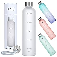 Salú 32 oz Water Bottle w/Time Marker, White, Motivational Measurements w/Time & Volume, BPA-Free Frosted Plastic, Screw-On Lid for Gym, Sports, Travel, Fitness, or Work