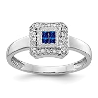 14k White Gold Square Design Sapphire and Diamond Ring Size 7 Jewelry for Women