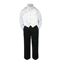 4pc Formal Baby Teen Boys Ivory Vest Necktie Set Black Pants Suit S-14 (4T)
