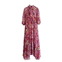 Bow Collar Floral Print Chiffon Long Maxi Dress Woman Bohemian Beach Dresses Holiday Spring Elegant Lady