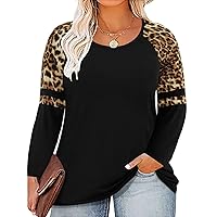 TIYOMI Plus Size T Shirt for Women Long Sleeve Raglan Tops Tee Shirts Color Block Top Leopard Plaid Print XL-5XL 14W-28W