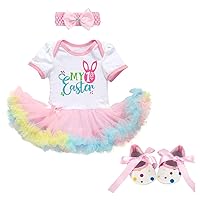 IMEKIS Baby Girl 1st Easter Outfit Bunny Colorful Egg Romper Dress Tutu Skirt Headband Shoes 3PCS Clothes Set for Photo Shoot
