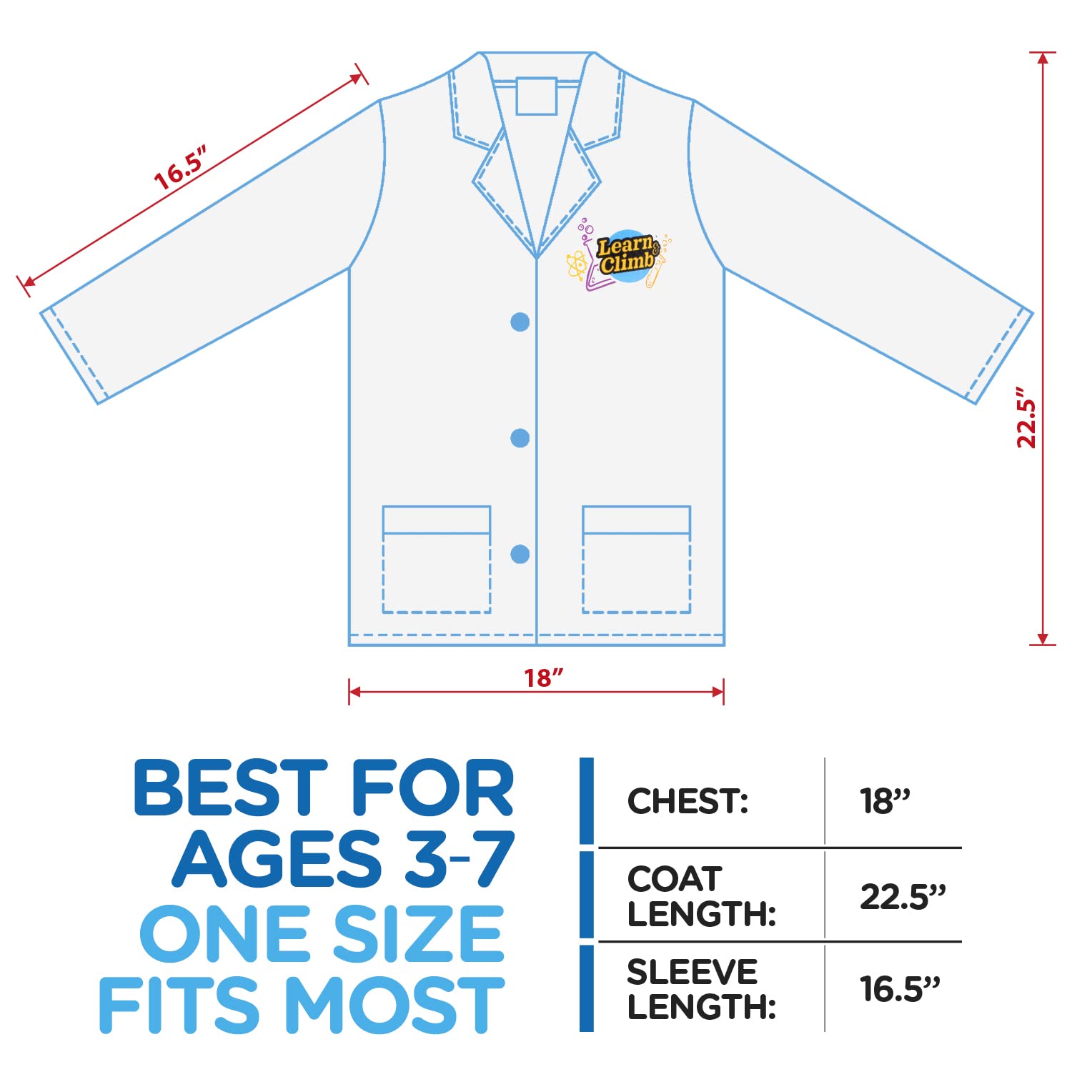Learn & Climb Scientist Lab Coat for Kids Ages 3-7. Three Piece Set Children's Scientist Costume with Goggles & ID Card