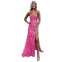 Spaghetti Straps Hot Pink Prom Dresses 2024 Sparkly Mermaid Corset Evening Gowns for Women with Slit Size 0