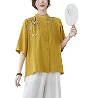 Summer Ethnic Style Literary Embroidery Flower Stand Collar Shirt Female Short-Sleeved Shirt