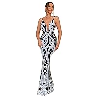 Dresses for Women Contrast Mesh Backless Mermaid Hem Sequin Formal Dress (Color : Black and White, Size : Large)