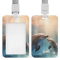 Two Lovely Dolphin Badge Holder Vertical ID Card Name Tag Holder Case with Retractable for Office Work