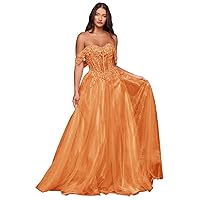 Junior's Glitter Tulle Prom Dresses Lace Appliques A-Line Formal Dress Off Shoulder Prom Ball Gown MN906