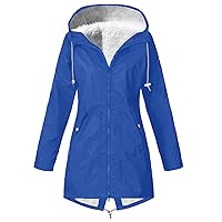 Winter Fleece Lined Waterproof Rain Jacket for Women Outdoor Warm Drawstring Hooded Trench Coat Zip Up Tunic Coats