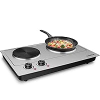 1800W Double Hot Plate, Stainless Steel Silver Countertop Burner Portable Electric Double Burners Electric Cast Iron Hot Plates Cooktop, Easy to Clean, Upgraded Version C180N