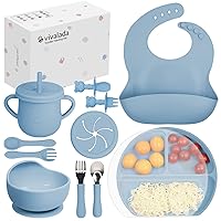 Silicone Baby Feeding Set, 12PCS Baby Led Weaning Supplies, Baby Suction Plate with Lid and Bowl Set, Baby Self Feeding Spoons Forks Sippy Cup and Bib, Baby Eating Set 6+ Months (Blue)