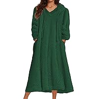 Womens Fall Winter Fuzzy Fleece Hooded Long Dress Plus Size Sherpa Long Sleeve Nightgown with Pockets