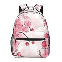 Casual Laptop Backpack Lightweight Pink Cherry Floral Canvas Backpack For Women Man Travel Daypack With Side Pocket