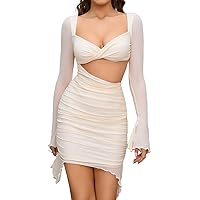 Colysmo Women's Sexy Long Sleeve Bodycon Party Dress Cut Out Backless Ruched Mini Club Dresses