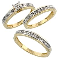 10k Yellow Gold Diamond Trio Wedding Ring Set His 4mm & Hers 4mm, sizes 5 - 13