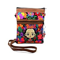 Frida Inspired Floral Embroidered Brown Vegan Leather Suede Slim Purse Crossbody Bag Womens Handmade Boho Accessories