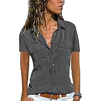 Andongnywell Womens Short Sleeve Shirts Button Down Shirts V-Neck Collared Blouse Summer Tops with Pockets