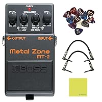Boss MT-2 Metal Zone Distortion Pedal Bundle w/2x Strukture S6P48 Woven Right Angle Patch Cables, 12x Guitar Picks and Liquid Audio Polishing Cloth