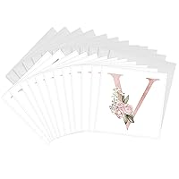 3dRose Greeting Cards - Pretty Pink Floral and Babies Breath Monogram Initial V - 12 Pack - Floral Monograms