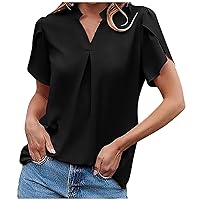 Women's Summer Dressy Chiffon Blouse Notch V Neck Petal Short Sleeve Tops Plus Size Casual Cute Shirts for Work