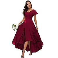 Chiffon Bridesmaid Dresses for Wedding Tea Length V-Neck A-Line Formal Dresses for Women 2024 with Ruffle Sleeve