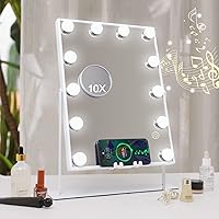 Hansong Vanity Mirror with Lights and Wireless Charging Makeup Mirror with Lights and Music Speaker 12 LED Bulbs Upgraded Hollywood Mirror 3 Color Lighting Modes White