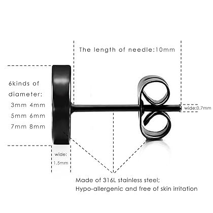 LIEBLICH Black Round Stud Earrings Set Stainless Steel Ear Studs for Men Women 6 Pairs 3mm-8mm … (Black)
