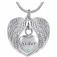 Birthstone Angel Wings Sister Cremation urn Memorial Keepsakes Necklace Ashes Jewelry Stainless Steel Pendant