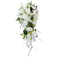Wedding Bouquet, 9.1x21.7 Inch Teardrop Romantic Bridal Bouquet, Cascading Artificial Rose Bouquet White and Green Artificial Flowers