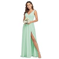 Rjer V Neck Chiffon Bridesmaid Dresses with Slit Prom Dress Long A Line Pleated Formal Dresses for Women