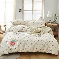 DREAMINGO Cute Strawberry Duvet Cover Queen Teen Girls Bedding Set Kawaii Bedroom Decor Cotton Quilt Cover with Zipper Lightweight 3 Piece Bed Set with 2 Pillow Cases, Cream White