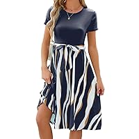 Women's Color Block Tunic Dress Summer Casual Short Sleeve Crew Neck Smocked Belted Casual Dresses Business Work Outfits