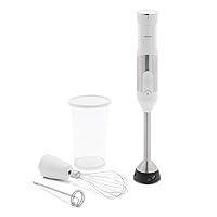 GreenLife 500-Watt Immersion Electric Handheld Stick Blender with Stainless Steel Blades, Whisk, Frother, Measuring Cup and Lid, Soups, Puree, Cake, Multi-Speed Control, Portable, White