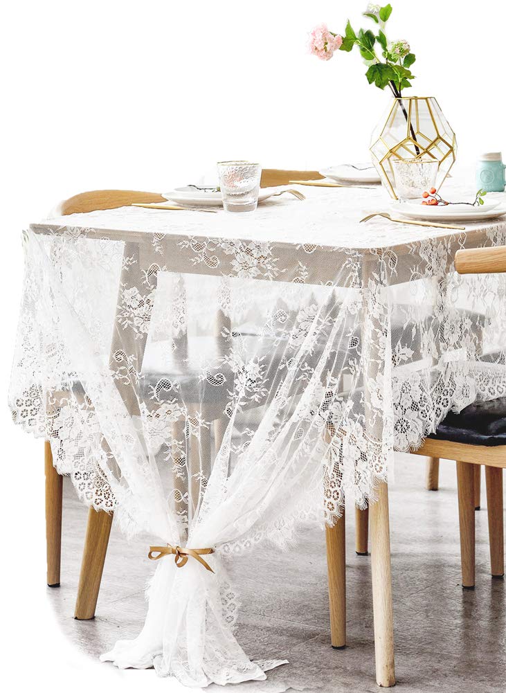 BOXAN 60x120 Inch Gorgeous White Lace Tablecloth Overlay Rose Vintage Embroidered, Romantic Boho Wedding Reception Table Decor, Baby & Bridal Shower Décor, Elegant Chic Outdoor Tea Party Tablecover