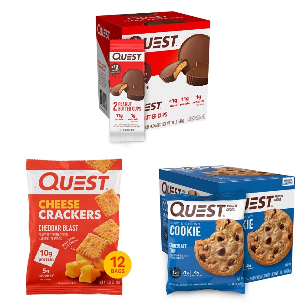 Quest Nutrition High Protein Low Carb, Peanut Butter Cups, 12 & Cheese Crackers, 12 Count & Chocolate Chip Protein Cookie, 12