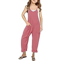 Girl's V Neck Sleeveless Jumpsuits Spaghetti Straps Harem Long Pants Rompers With Pockets