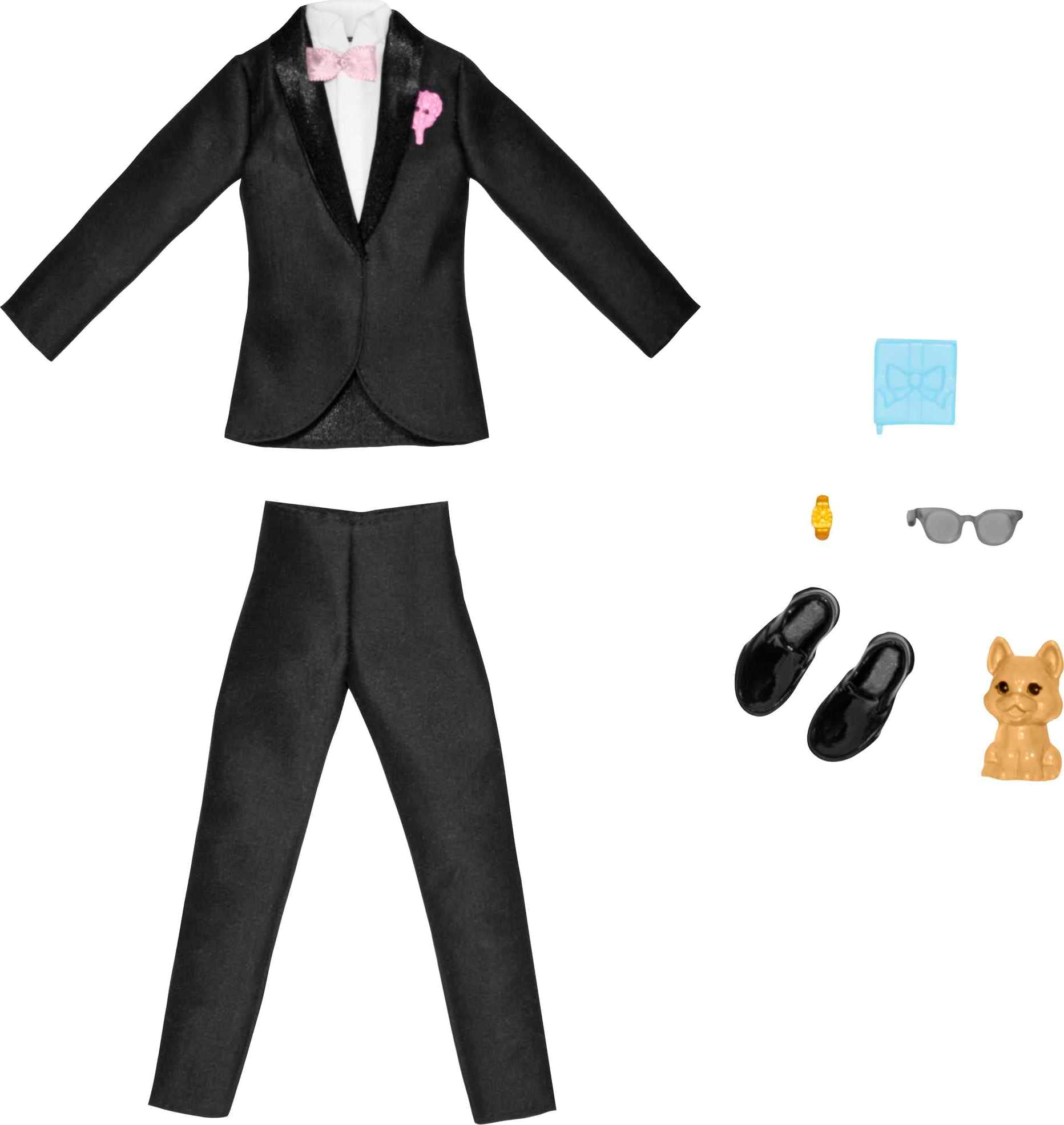 Barbie Fashions Ken Doll Clothes and Accessories Set, Groom On Wedding Day with Tuxedo, Puppy, Sunglasses and More