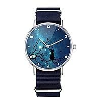 Midnight Cat in a Tree Design Nylon Watch for Men and Women, Cats Theme Unisex Wristwatch, Kitty Lover Gift Idea