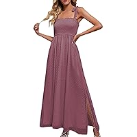 Women Sspring and Summer Holiday Solid Color Sexy Strappy Strap Sleeveless Slit Long Dress Hi Low Dress for Women