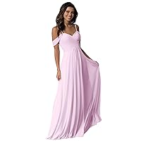 Women's Long Cold Shoulder Pleated Wedding Bridesmaid Dresses Off Shoulder Chiffon Prom Dress Pink US2