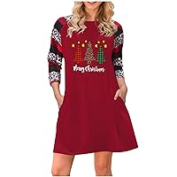 Women's Christmas Dress Print Long Sleeve Tunic Dresses Pockets Plus Size T-Shirt Dress, S-4XL