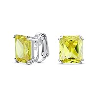 Traditional Classic Large Statement 7CT Emerald Cut AAA CZ Solitaire Clip On Stud Earrings For Women Silver Plated Non Pierced Simulated Gemstone Jewel Colors 14MM