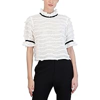 BCBGMAXAZRIA Women's Relaxed Short Sleeve Top Ruffle Mock Neck Colorblock Velvet Trim Shirt