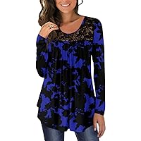 BISHUIGE Womens Casual Loose Long Sleeves Tunic Tops Lace Panel Pleated T-shirts Blouses